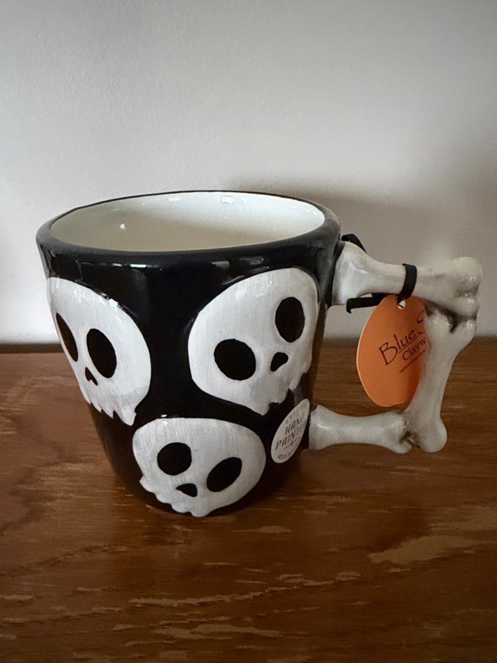 Blue Sky Halloween Mug Skull 💀 Hand Painted Bone Handle NEW!